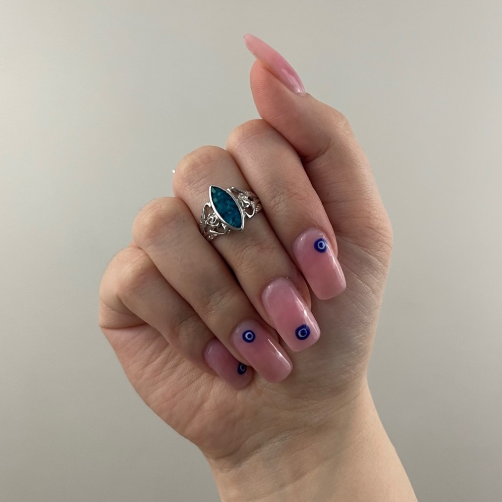 Vintage Blue Green Turquoise Stone Almond Diamond Shaped Rose Band Ring